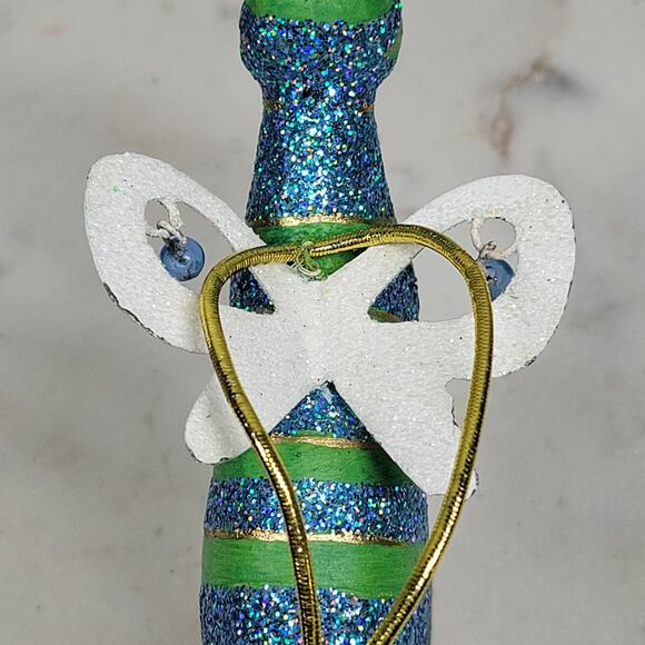 Vtg Cat Christmas Ornament 6.5" Green Glitter Striped Angel Wings Holiday Decor - Picture 5 of 15